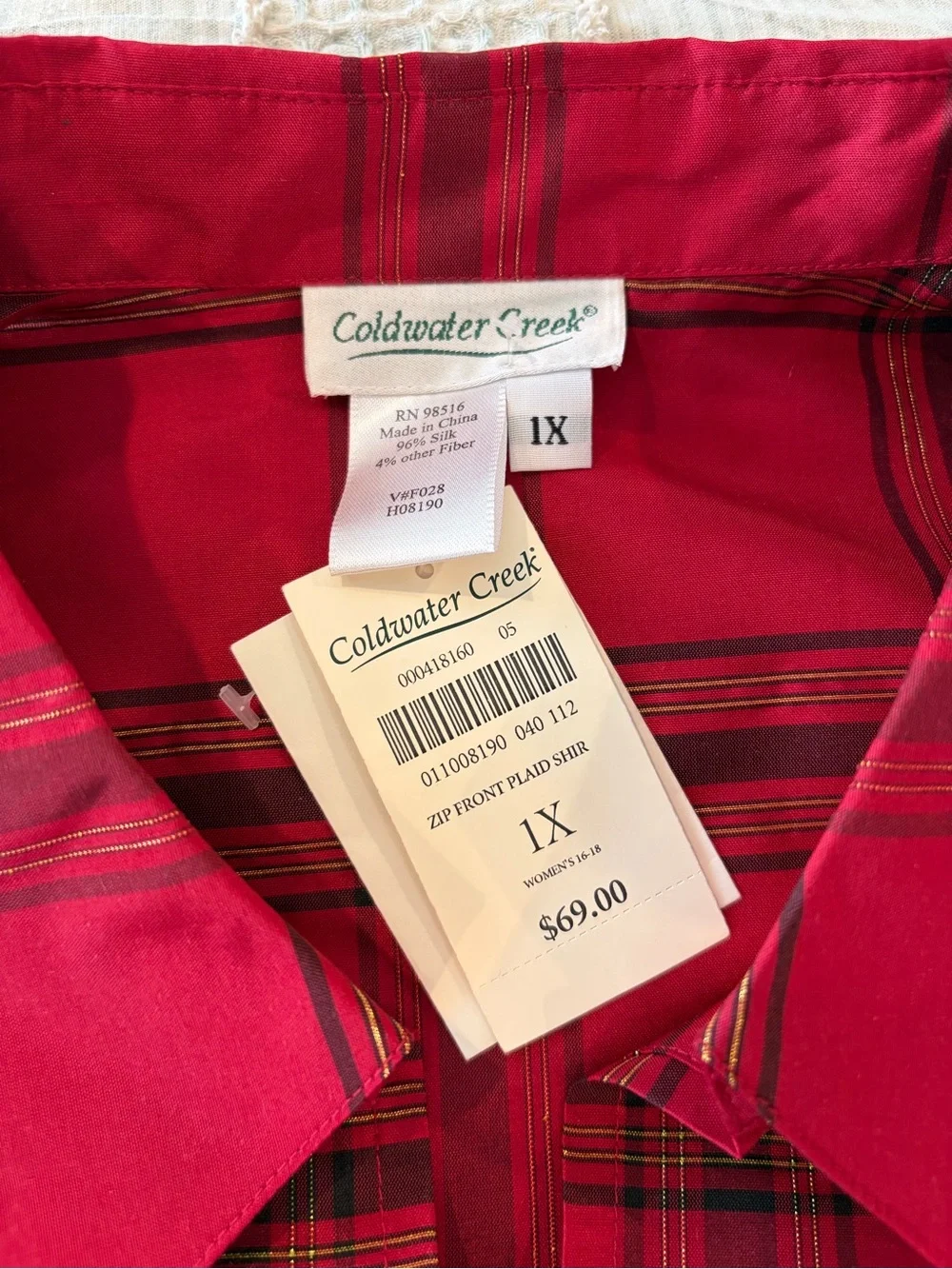 Coldwater Creek Red Plaid Silk Blend Zip Front Blazer Jacket 1X‎ NWT